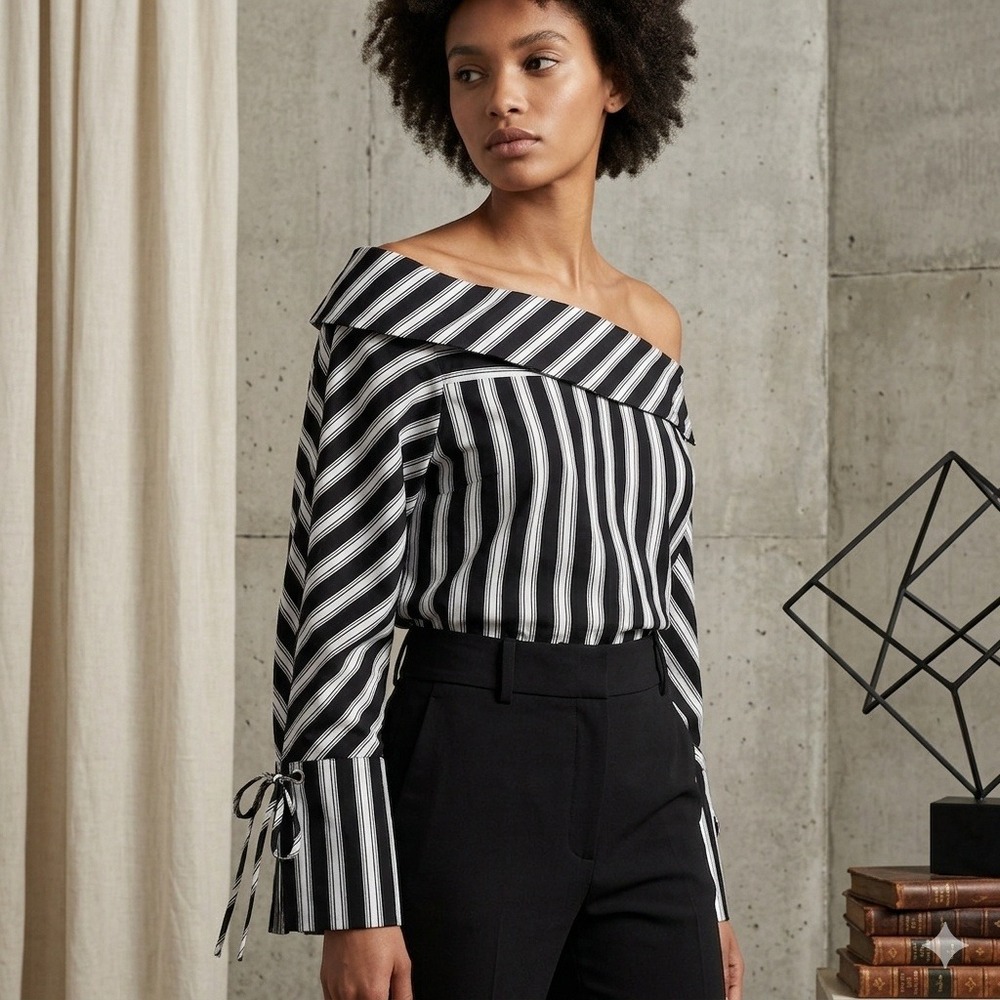 Topshop Modern Minimalist Boxy Striped Off Shoulder Tie Cuff Cotton Blouse US 4